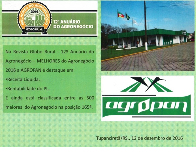 Revista Globo Rural destaca AGROPAN entre as melhores do Brasil no Agronegócio 2016 