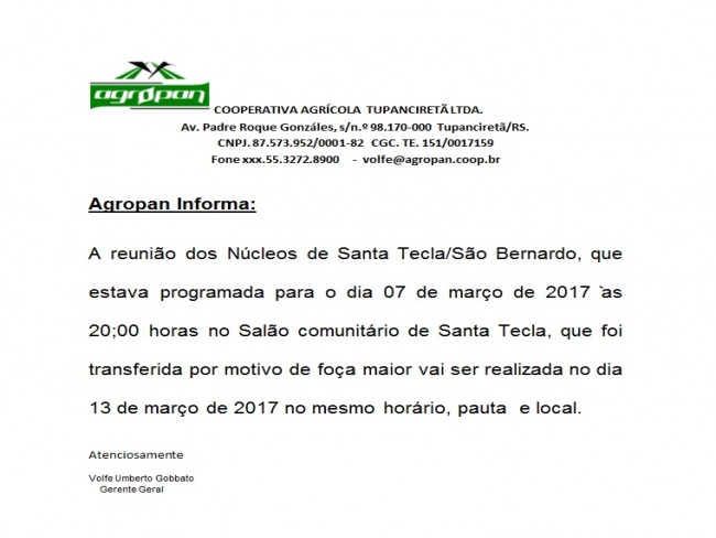 Agropan confirma reunio dos Ncleos de Santa Tecla/So Bernardo para prxima segunda