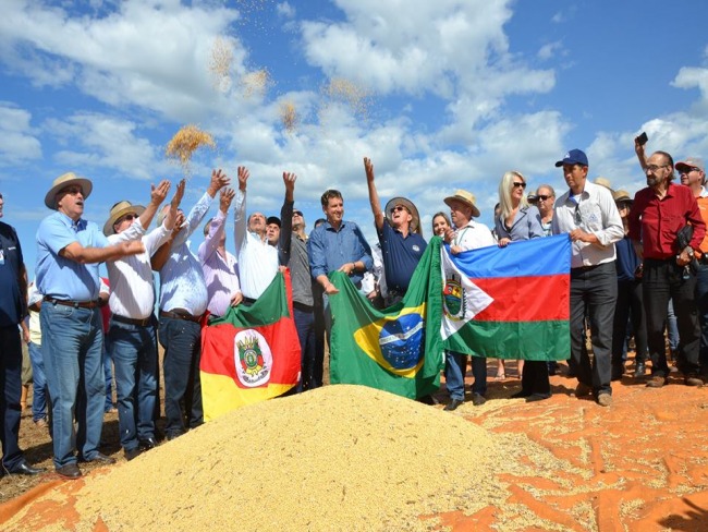 Hoje dia 24 de maro, atravs de um ato simblico, foi aberta oficialmente a colheita da soja no Estado do RS