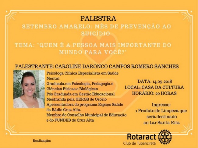 Rotaract Club Tupanciretã promove palestra sobre setembro amarelo, mês de prevenção ao suicídio