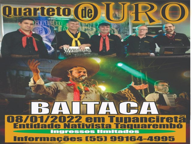 Show-baile com Baitaca e Quarteto de Ouro ocorre 8/1 no Taquarembó 