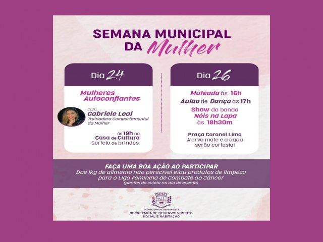 Semana Municipal da Mulher oferece palestra e programao ao ar livre 