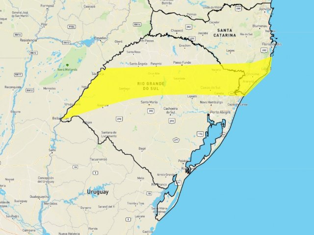 INMET alerta para perigo potencial de tempestade em faixa que cobre o centro-norte gacho