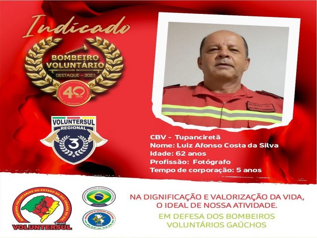 Luiz Afonso Costa da Silva  indicado ao prmio Bombeiro Voluntrio Destaque 2022