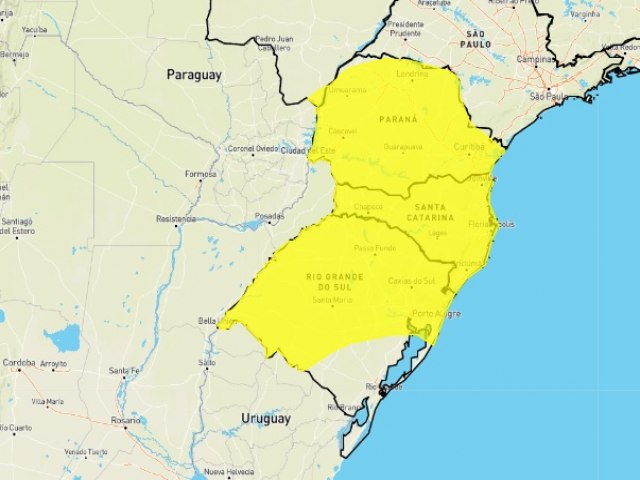 Alerta de perigo potencial de tempestade para grande parte da regio sul at a manh de quarta, 15