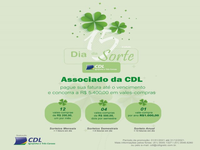 CDL lana campanha Dia da Sorte 2021 que premia associados com vale-compras