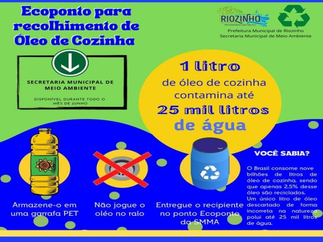 Prefeitura de Riozinho realiza campanha de recolhimento de óleo de cozinha 