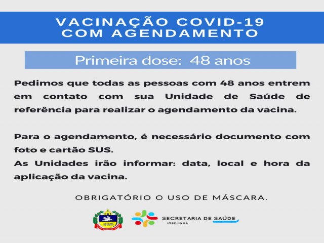 Igrejinha agenda vacinação para pessoas com 48 anos contra a Covid-19 