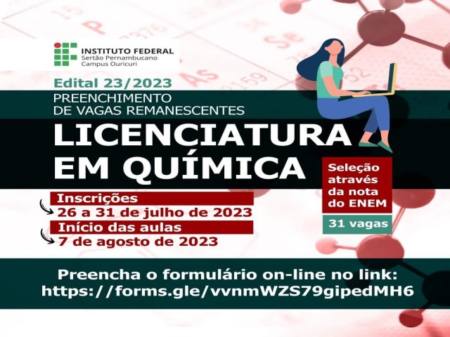 Campus Ouricuri disponibiliza 31 vagas para a Licenciatura em Qumica