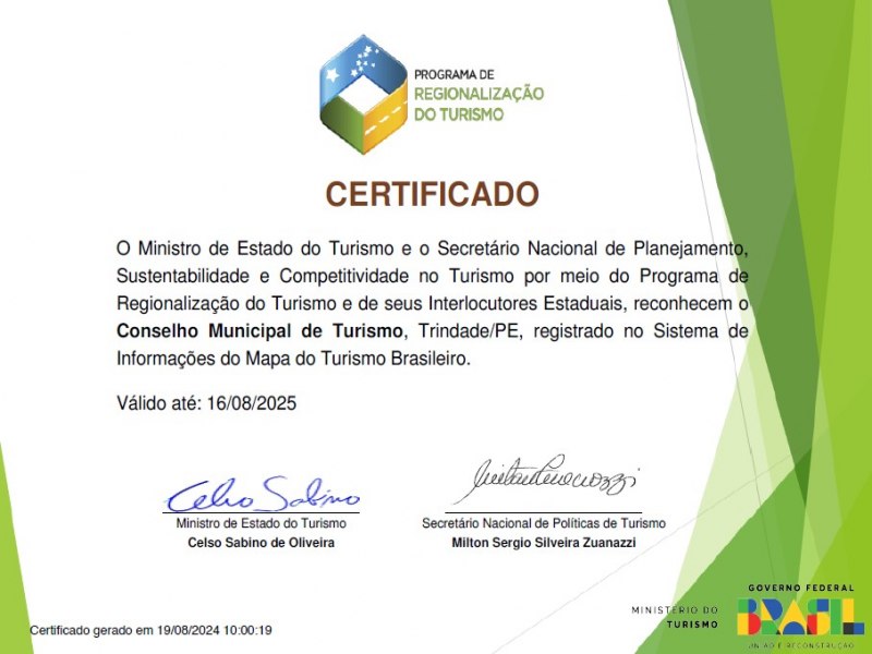 Conselho Municipal de Turismo de Trindade recebe certificado atravs do Programa de Regionalizao de Turismo