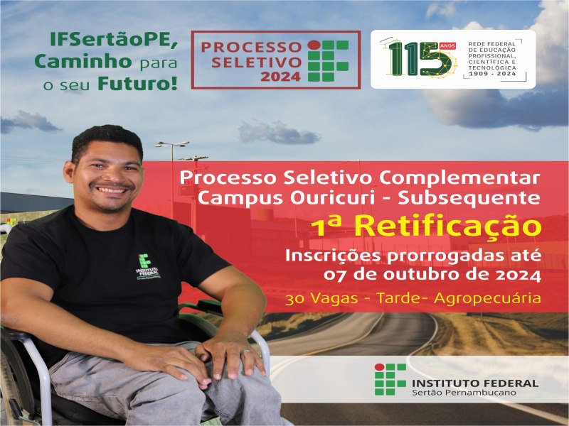 Inscries para processo seletivo complementar para o curso de Agropecuria (modalidade Subsequente) foram prorrogadas at o dia 07 de outubro