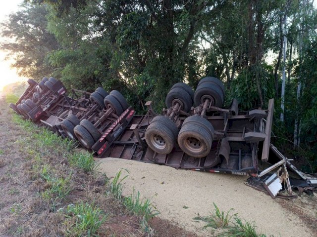 Policial Ivinhema - Carreta que transportava gros sai da pista e tomba na BR-376, prximo a Vila Amandina NOVANEWS