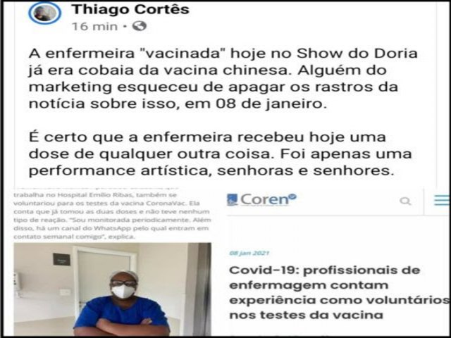 Foi tudo uma farsa de Joo Doria??? A enfermeira j era vacinada? As redes sociais denunciaram.