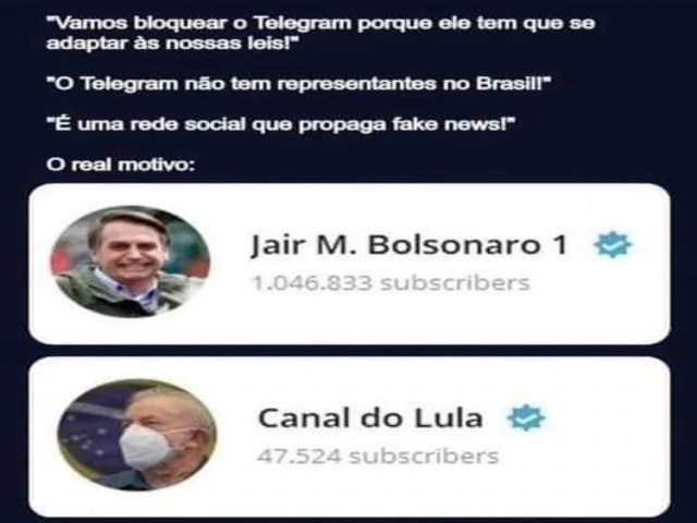 T explicado! Lula no quer o Telegram no Brasil porque tem poucos seguidores e usa o TSE pra infernizar.