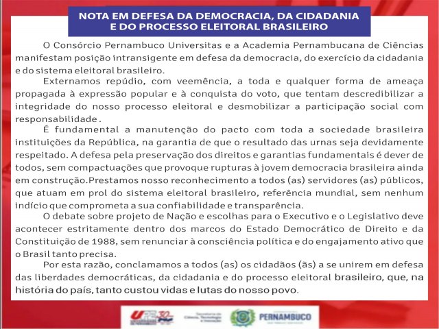 Consórcio Universitas e APC divulgam nota em defesa da democracia, da cidadania e do processo eleitoral brasileiro