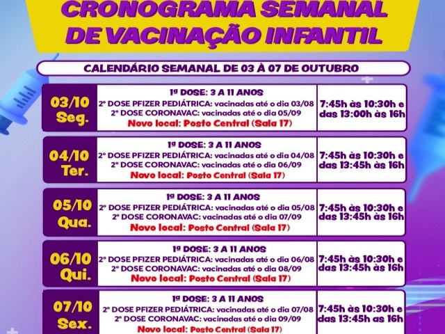 Prefeitura de Maracaju divulga o Cronograma semanal de Vacinao Infantil contra a Covid-19 para crianas de 3 a 11 anos