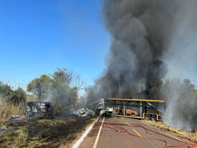 Coliso entre caminhes-cegonha provoca bloqueio de rodovia, aps morte de motorista