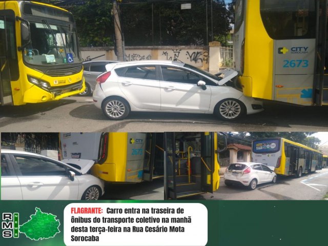 FLAGRANTE:  Carro entra na traseira de nibus do transporte coletivo na manh desta tera-feira na Rua Cesrio Mota Sorocaba