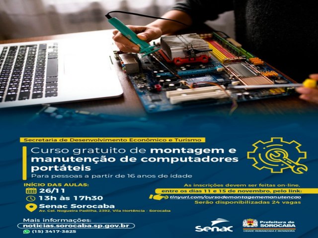 Prefeitura e Senac ofertam curso gratuito de montagem e manuteno de computadores portteis