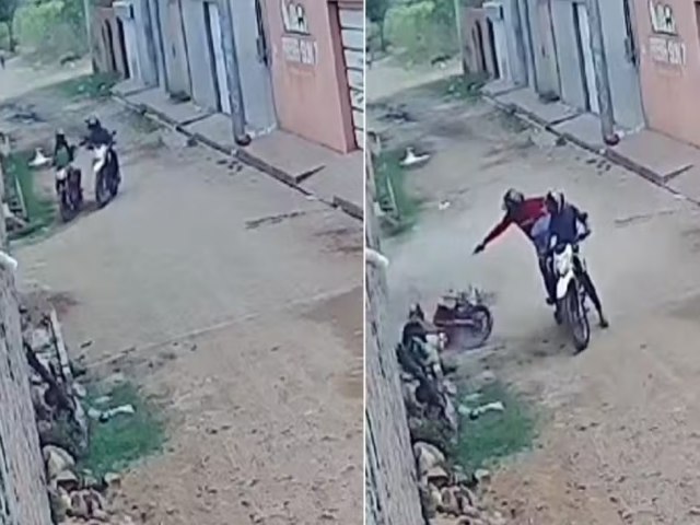 Assaltantes disparam contra motociclista antes de roubarem sua mochila; imagem  impactante.