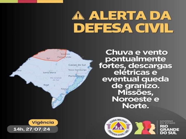 Defesa Civil emite alerta para regio noroeste do RS