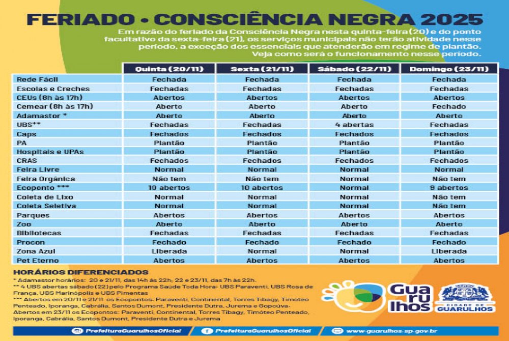 Feriado da Consci�ncia Negra altera atendimento dos servi�os p�blicos municipais em Guarulhos.