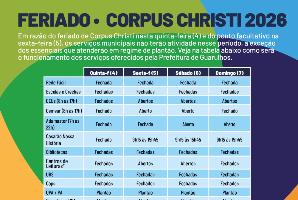 Prefeitura informa sobre o funcionamento dos serviços municipais no feriado de Corpus Christi. Prefeitura informa sobre o funcionamento dos serviços municipais no feriado de Corpus Christi.