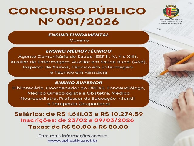 PREFEITURA DE VARGEM GRANDE DO SUL ABRE CONCURSO COM SAL�RIOS DE AT� R$ 10 MIL