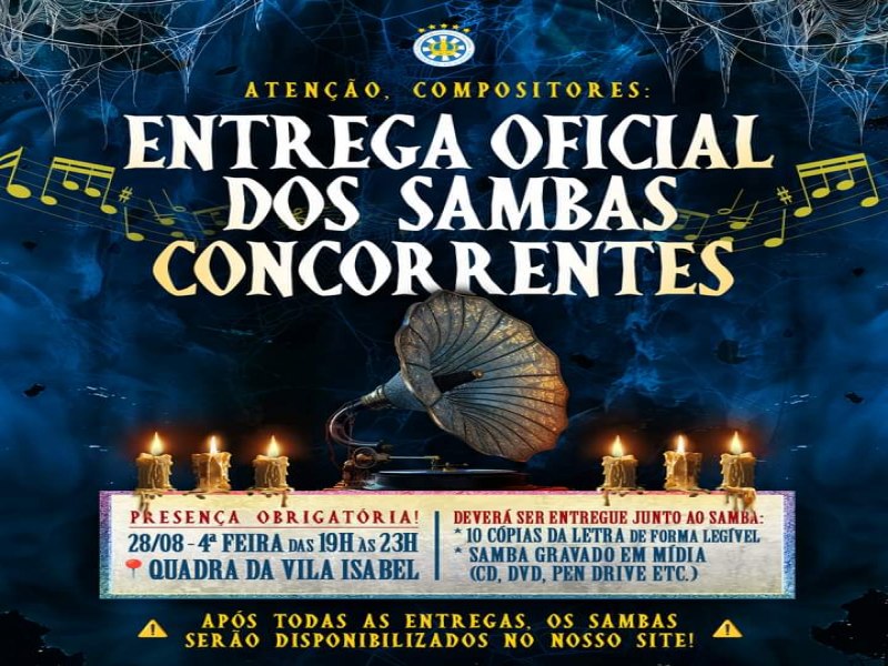  nesta quarta-feira (28/08), das 19hs s 23hs, a entrega oficial dos sambas concorrentes para o Carnaval 2025! 