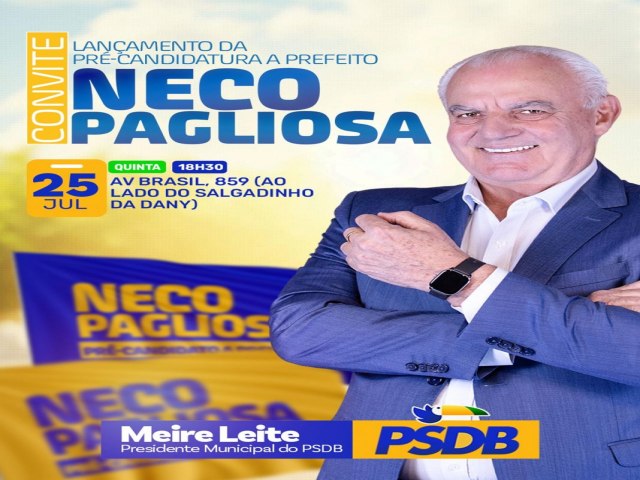 Presidente Municipal do PSDB Meire Leite convida populao de Caracol e Alto Caracol para lanamento da pr-candidatura de Neco Pagliosa