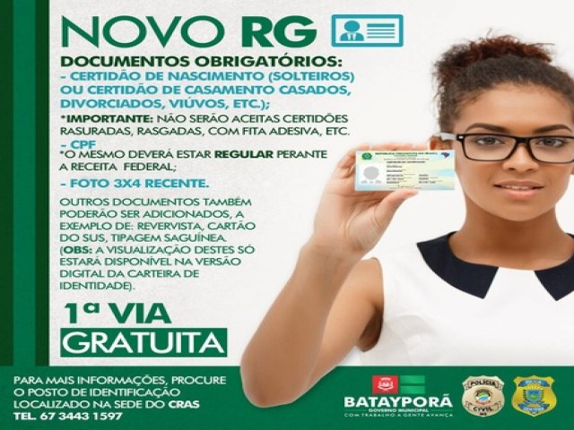 Batayporã inicia dia 15 emissão do novo RG Nacional; 1ª via é gratuita