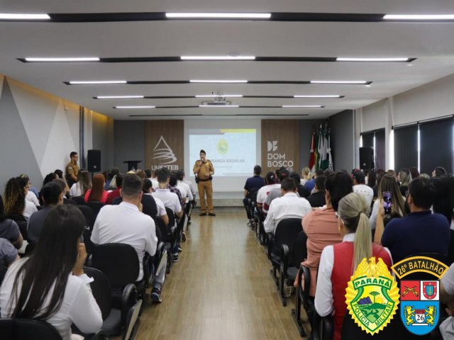 PM REALIZA PALESTRA SOBRE SEGURANA ESCOLAR NO CENTRO UNIVERSITRIO UNIFATEB/DOM BOSCO EM TELMACO BORBA. 