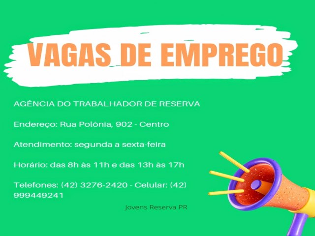 VAGAS DE EMPREGO OFERTADAS EM RESERVA NESTA TERA-FEIRA (18/07)