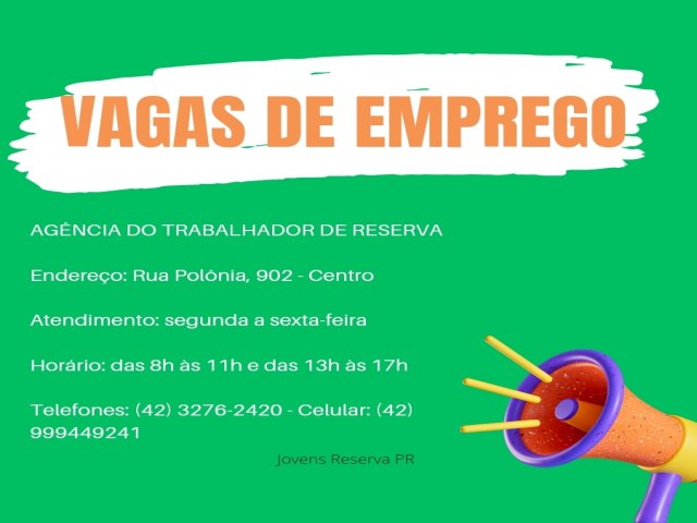 VAGAS DE EMPREGO OFERTADAS EM RESERVA NESTA TERA-FEIRA (01/08)