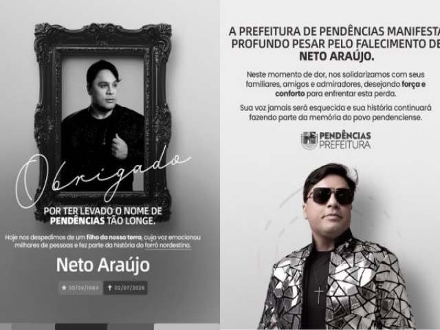 Prefeitura de Pendências declara luto oficial de 3 dias pelo falecimento de Neto Araújo. Prefeitura de Pendências declara luto oficial de 3 dias pelo falecimento de Neto Araújo.