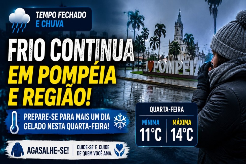 Frente fria mant�m tempo fechado e temperaturas baixas em Pompeia e regi�o nesta quarta-feira