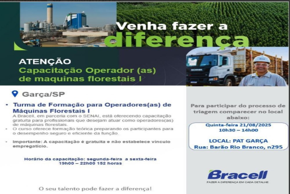 Bracell e SENAI oferecem capacitação gratuita para operadores(as) de máquinas florestais em Garça. Bracell e SENAI oferecem capacitação gratuita para operadores(as) de máquinas florestais em Garça.