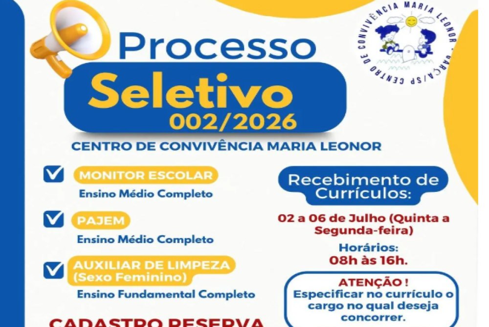 Último dia: Centro Maria Leonor encerra dia 06 o prazo de inscrições para processo seletivo em Garça. Último dia: Centro Maria Leonor encerra dia 06 o prazo de inscrições para processo seletivo em Garça.
