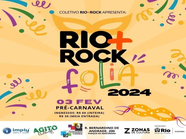 O Coletivo Rio + Rock apresenta o evento pr-carnavalesco Rio + Rock Folia 2024, com a participao das bandas Lu & Bloco Cru e Dinossauros Nacionais