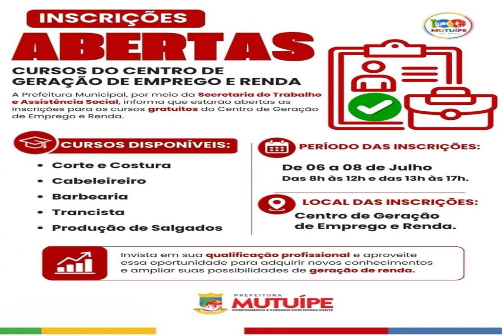 Mutu�pe: Inscri��es para cursos gratuitos de qualifica��o profissional s�o abertas pelo Centro de Gera��o de Emprego e Renda