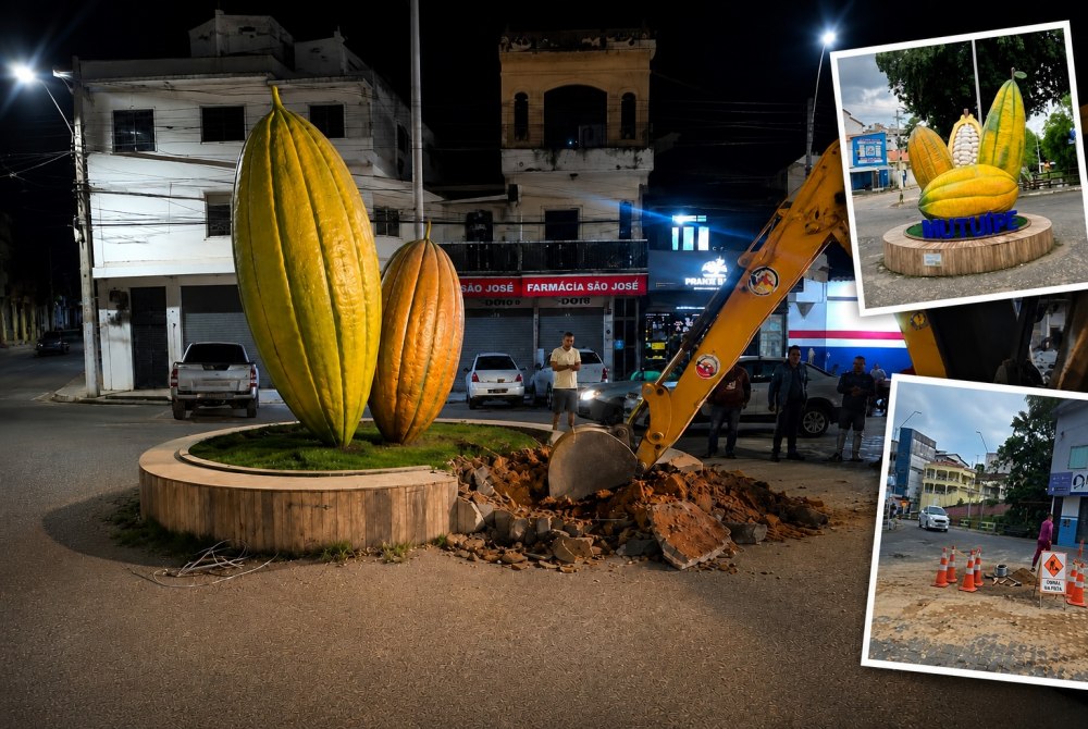 Prefeitura de Mutu�pe inicia remo��o do Monumento do Cacau para melhorar mobilidade urbana no centro da cidade