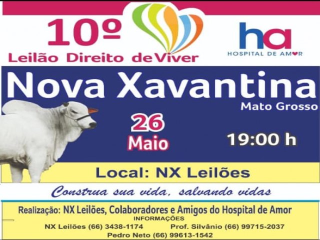 Acontece, em Nova Xavantina, no próximo dia 26/05  o 10° Leilão Direito de Viver, ação da NX Leilões e Amigos do Hospital do Amor.