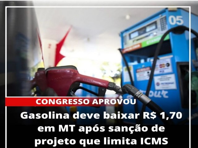 Gasolina deve baixar R$ 1,70 em MT aps sano de projeto que limita ICMS