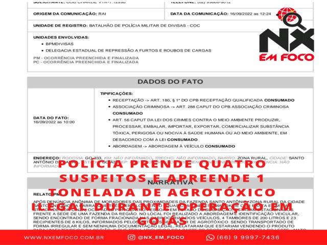 Polcia prende quatro suspeitos e apreende 1 tonelada de agrotxico ilegal durante operao em Gois