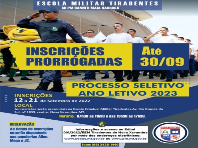 ENCERRA AMANH O PRAZO PARA AS MATRCULAS NA ESCOLA MILITAR DE NOVA XAVANTINA.