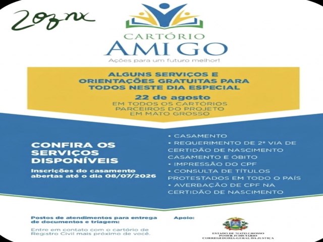 Cart�rio de Nova Xavantina adere � campanha �Cart�rio Amigo 2026� e oferecer� servi�os gratuitos