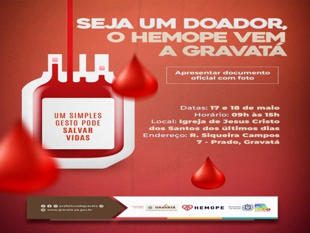 Gravat recebe campanha de doao de sangue do Hemope nos dias 17 e 18 de maio