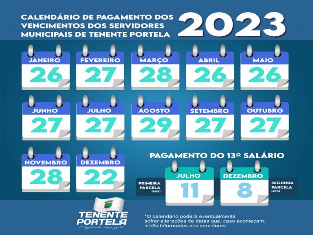 PREFEITURA DE TENENTE PORTELA DIVULGA CALENDRIO DE PAGAMENTO DOS SERVIDORES