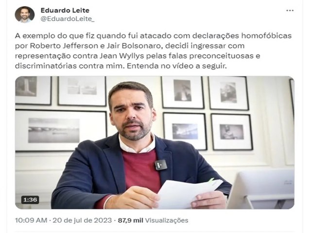 Eduardo Leite anuncia que registrou denncia no MP por homofobia contra Jean Wyllys