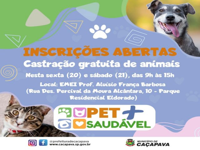 Abertas inscries para 5 etapa do Programa de Castrao PET + Saudvel em Caapava 